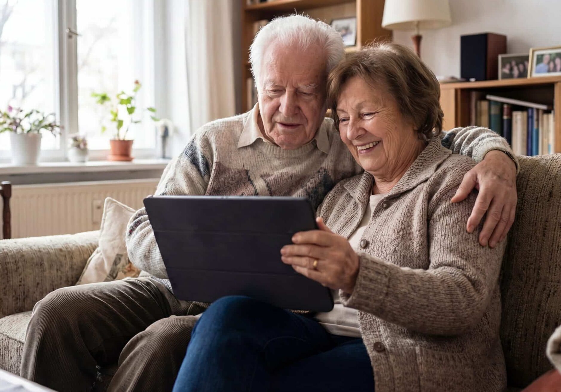 Älteres Paar nutzt ein Tablet für Senioren für Videotelefonie mit der Familie